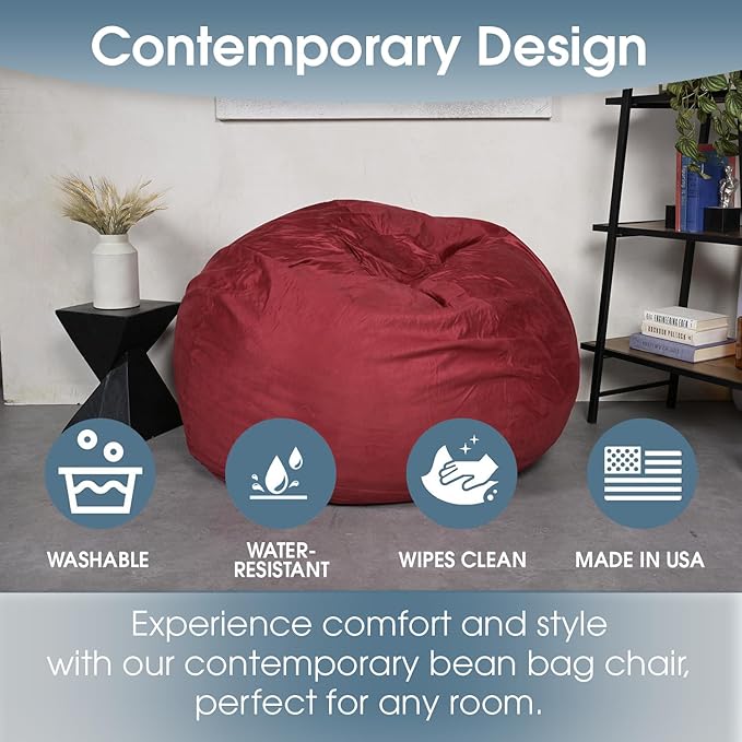 Foamma Bean Bag Chair, 5ft, Chinese Red - Round Floor Chair for Kids and Adults with Removable Cover, Lounge Chair with High-Density Foam, Reading Chair with Microsuede Cover, Bedroom Chair