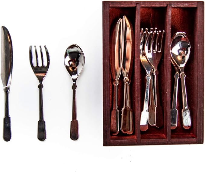 The Queen's Treasures 18 Inch Doll Kitchen Food Accessories,13 Piece Colonial Flatware Utensil Set, 4 Knives, 4 Forks, 4 Spoons, and Wooden Silverware Tray. Compatible For Use With American Girl Dolls