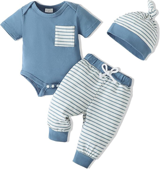 SUNNY PIGGY Baby Boy Clothes Newborn Infant Boys Outfits Romper Hat Pants 3PC Set 0-3 3-6 6-12 12-18 Month Clothing Gift