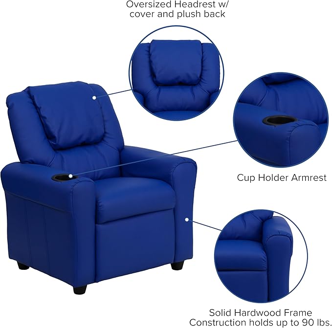 Flash Furniture Vana Vinyl Kids Recliner with Cup Holder, Headrest, and Safety Recline, Contemporary Reclining Chair for Kids, Supports up to 90 lbs., Blue