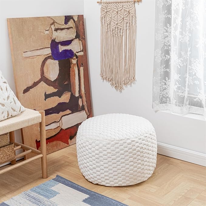 Round Stuffed Pouf Ottoman 20x20x12 Inches Faux Fur Ottoman Foot Rest Under Desk Foot Stool Great for Living Room, Bedroom Small Furniture (Ivory Pouf with Filler)