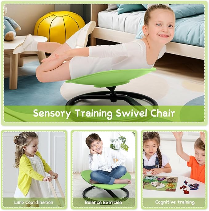 Kids Sensory Swivel Chair, Sensory Spin Chair for Autism Kids, Body Coordination Training Chair, Spin Seat, Metal Base, Non-Slip Design, (Green)