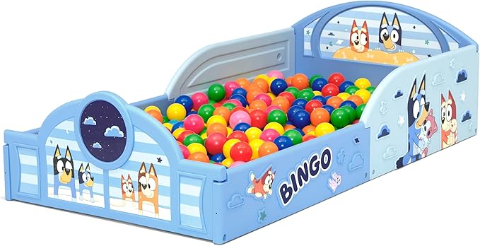 Delta Children - Bluey 4-Piece Toddler Room-in-a-Box Set – Includes Sleep and Play Toddler Bed, Table, 1 Chair and Fabric Toy Box, Blue