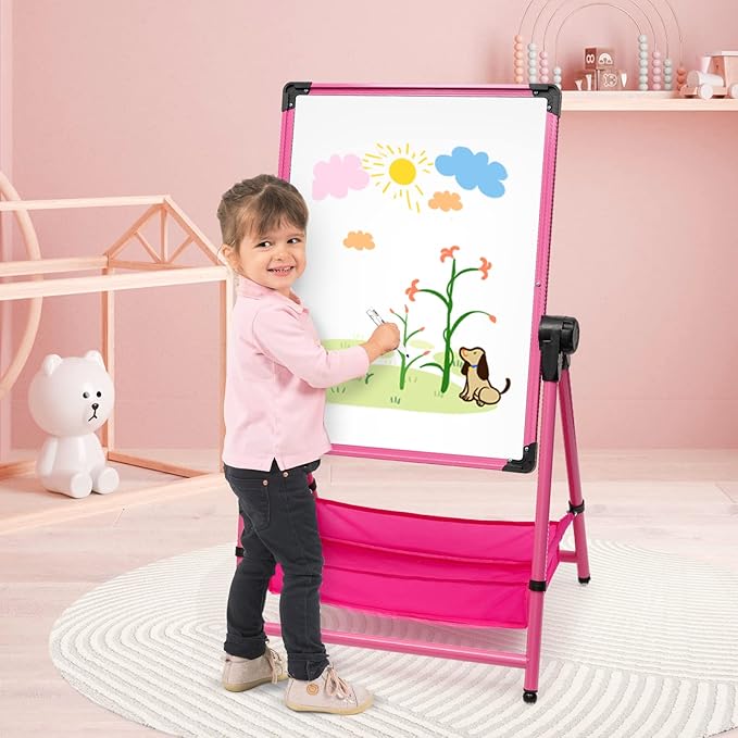 Kids Art Easel Double-Sided Easel Designed with Height Adjustable Function & Large Storage Bag Whiteboard & Chalkboard 360°Rotating Kids Drawing Easels for Kids Toddlers (26inch-43inch)