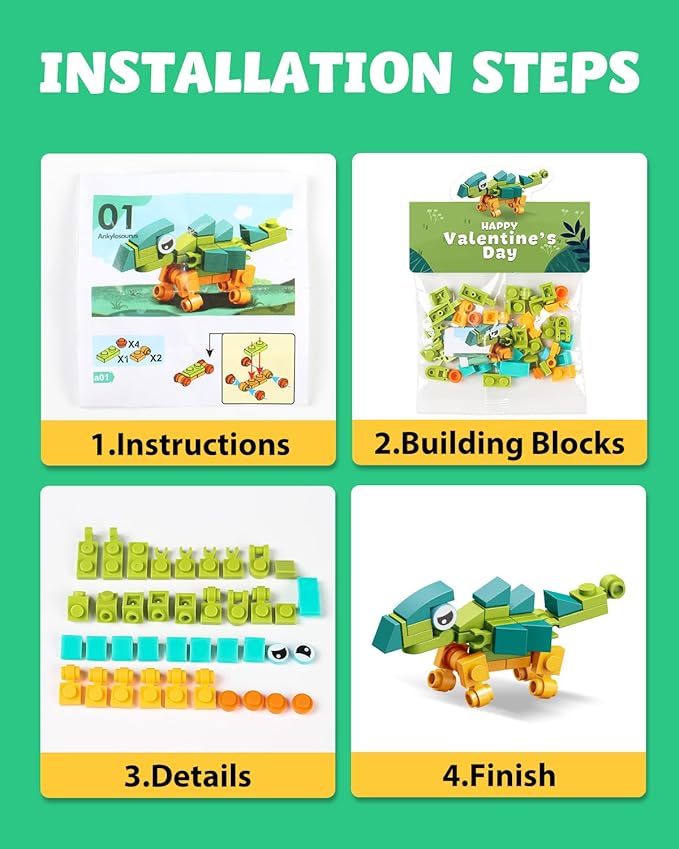 24 Pack Prefilled Dinosaur Valentines Building Blocks Set for Kids, Classroom & School Exchange Gifts with Valentine's Day Cards, Ideal Party Toy for Boys & Girls