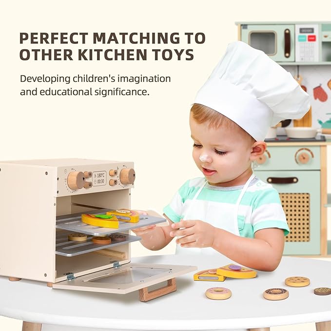 Wooden Kids Oven, Pretend Play Oven for Toddlers with DIY Stickers, Kitchen Play Set Accessories with Push-Pull Baking Tray. Ideal Choice for Boys and Girls Aged 3+