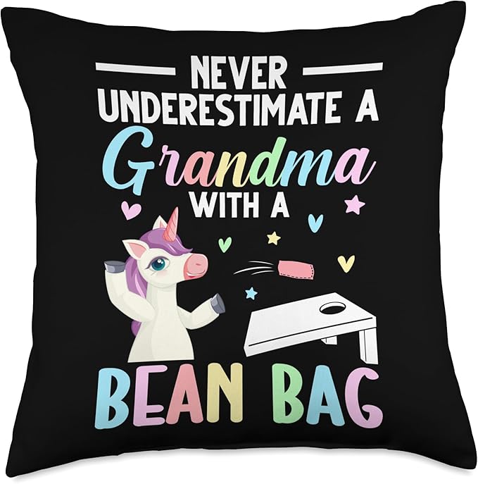 A Grandma with A Bean Bag Female Cornhole Player Corn Hole Throw Pillow, 18x18, Multicolor