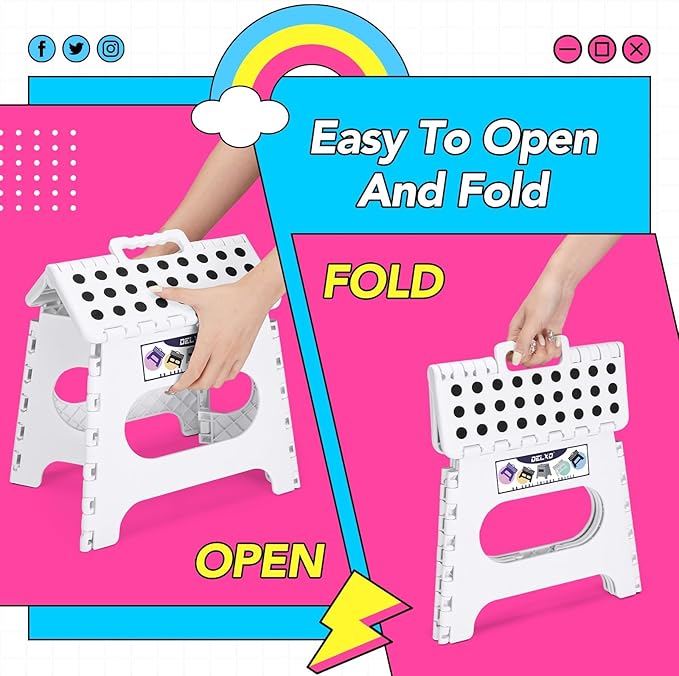 Delxo Folding Step Stool,11 Inch Foldable Step Stools for Kids & Adults,Portable Collapsible Step Stool with Handle, Lightweight Plastic Folding Stool for Kitchen Bathroom,Bedroom (White 12 Packs)