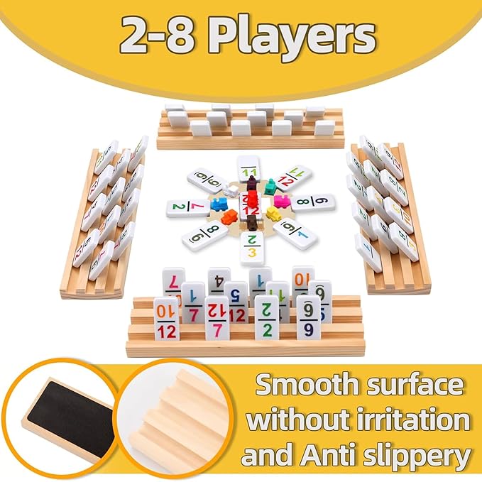 Mexican Train Dominoes Set with Numbers and 8 Wooden Racks,Double 12 Dominos Set for Kids, Adults Travel Domino Train Set with 91 Colored Tiles and Upgrated Hub, Classic Board Games for Family Night