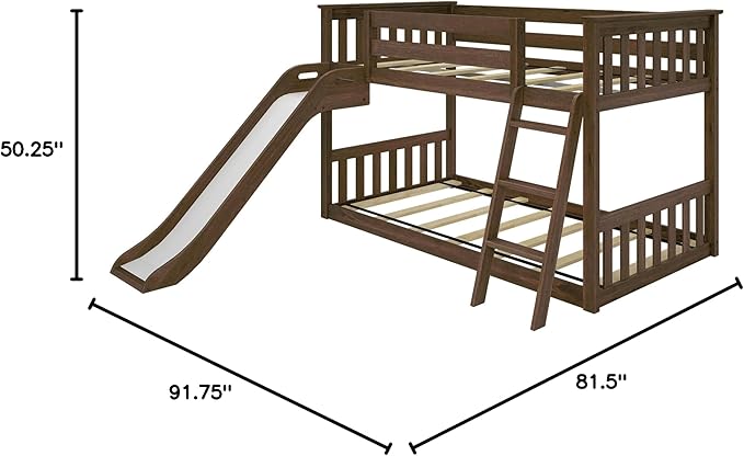Max & Lily Twin Over Twin Low Bunk with Slide and Ladder, Wooden Bunk beds with 14” Safety Guardrail for Kids, Toddlers, Boys, Girls, Teens, Bedroom Furniture, Walnut