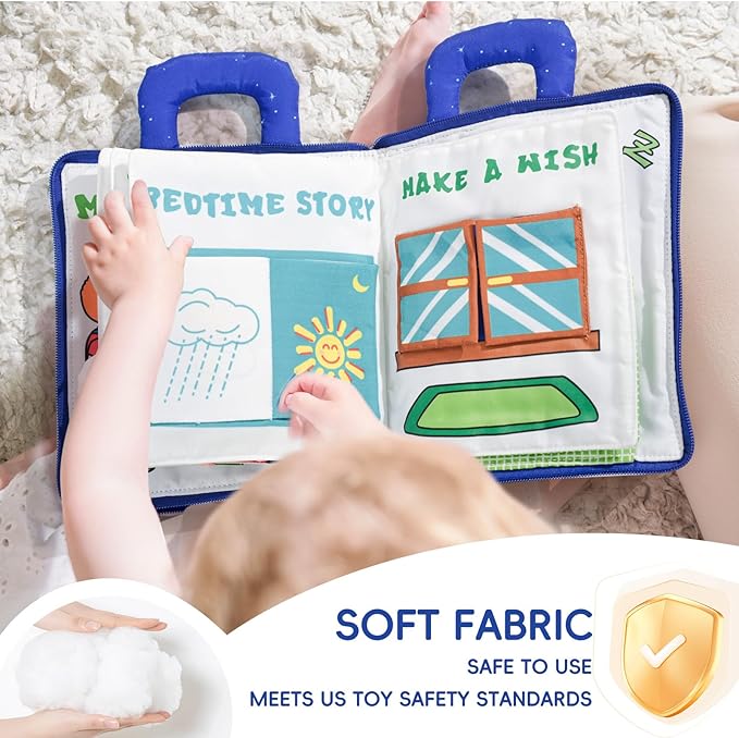 Jollybaby Baby Soft Busy Books for Toddles - Lullaby and Goodnight Quiet Book, Travel Toy & Montessori Educational, 10 Preschool Learning Activities for 1 2 3 Year Old Toddlers Boy Girl(Navy)