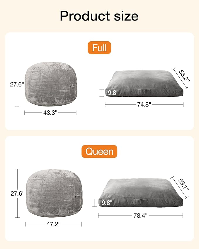 Giant Bean Bag Convertible Chair: Bean Bag Chair for Adults Kids Teens Couples for Lay Sleep in Living Room Bedroom Reading Room Game Room - Bean Bag Chair Supportive Foam Filling Washable(Full)