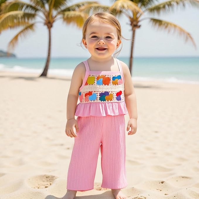 6M-5T Little Girl Clothes Boho Outfit Straps Hearts Shirts Cami Tank Tops Wide Leg Pants Baby Girl Summer Clothes