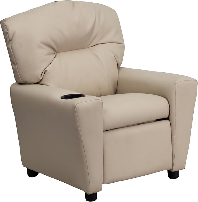 Flash Furniture Chandler Vinyl Kids Recliner with Cup Holder and Safety Recline, Contemporary Reclining Chair for Kids, Supports up to 90 lbs., Beige