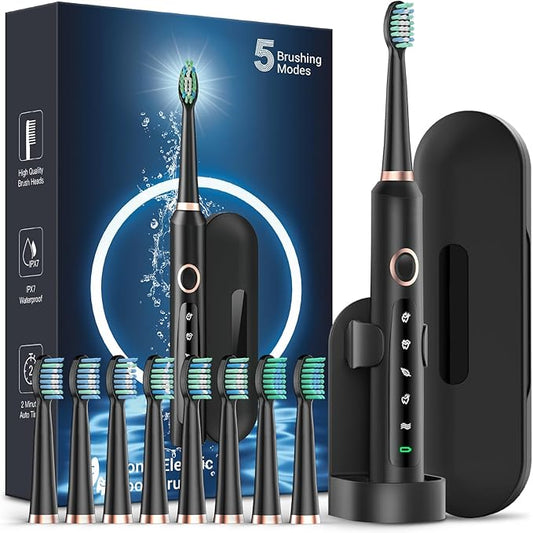 Rtauys M5 Sonic Electric Toothbrush for Adults and Kids - Rechargeable Electric Toothbrush Kids Ages 12+ and Adults with 8 Brush Heads & Travel Case, 120 Days Battery Life - Black