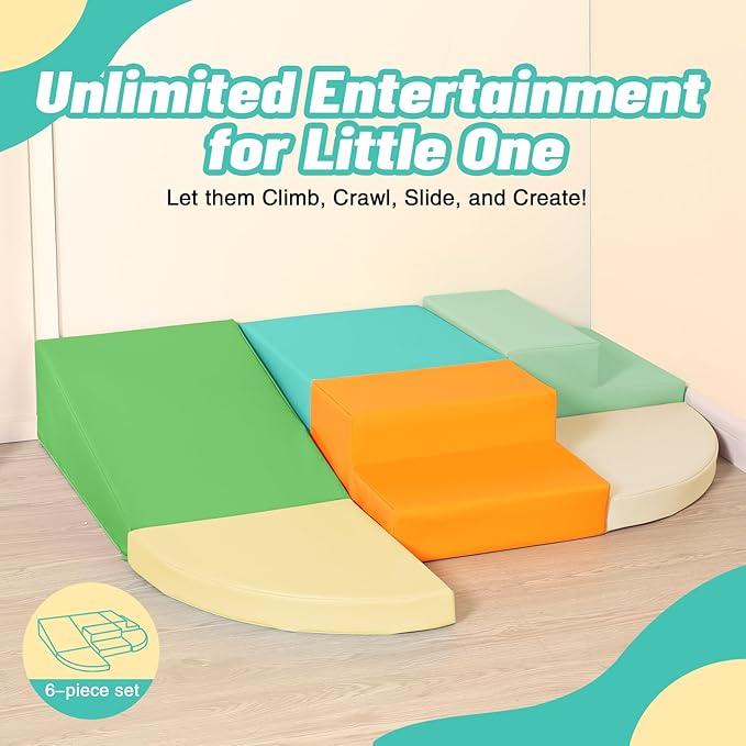 6-Piece Soft PU Leather Toddlers Climbing Toys, Baby Foam Climbing Blocks for Toddlers 3, Indoor Climb and Crawl Activity Play Set, Foam Play Gym Climbing Structures (Orange and Green)