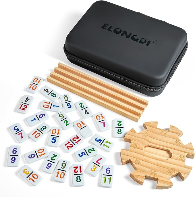 Mexican Train Dominoes Set with 4 Wooden Trays/Racks and Portable Carrying Case,Travel Colorful Double 12 Dominoes - 91 Numbered Tiles,for Kids and Adults