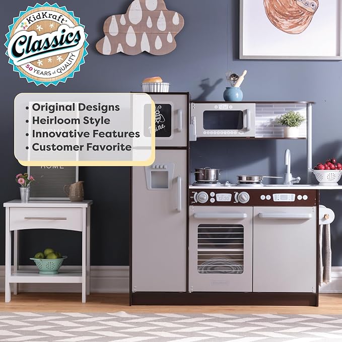 KidKraft Uptown Espresso Wooden Play Kitchen with Play Phone, Chalkboard & Towel Rack, Espresso