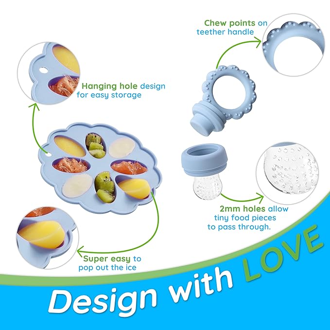 Baby Fruit Food Feeder & Mini Popsicle Ice Tray Set, BPA Free Silicone Baby Feeder for Safe Solid Food Feeding, Breastmilk Popsicle Molds for Cooling Relief, 4 Month+ (Spring)