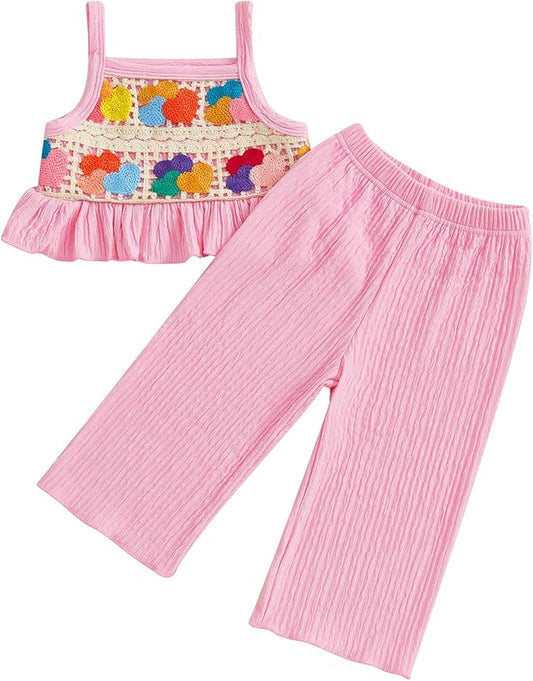 6M-5T Little Girl Clothes Boho Outfit Straps Hearts Shirts Cami Tank Tops Wide Leg Pants Baby Girl Summer Clothes