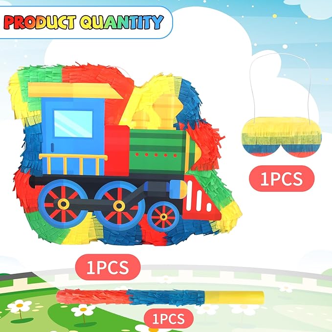 3D Train Pinata with Blindfold Stick Confetti, Railroad Themed Party Supplies, Train Pinata for Boys Birthday Party Supplies,Train Theme Party Decoration for Kids Girls Boys,15.8x11.8x2 Inches