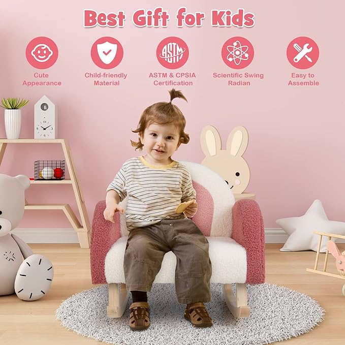 Costzon Kids Sofa, Red, Rocking Chair with Solid Wood Frames, Plush Fabric, Anti-Tip Design for Kids Room, Nursery, Playroom, Preschool, Birthday Gift for Boys Girls, Toddler Furniture Armchair