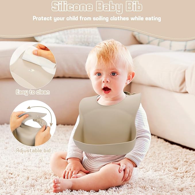 Silicone Baby Feeding Set, Baby Led Weaning Supplies, Silicone Suction Plate, Bowl, Spoons, Fork, Waterproof Bib, Cup and Food Tableware, Eating Utensils Baby Feeding Essentials for 3+ Months