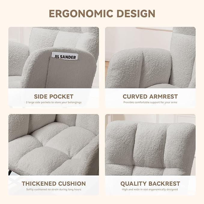 COMHOMA Nursery Rocking Chair, Teddy Upholstered Glider Rocking Chair with Side Pockets, Accent Chair with High Backrest Reading Chair for Adult, Nursery, Bedroom, Living Room,Offices (Grey)