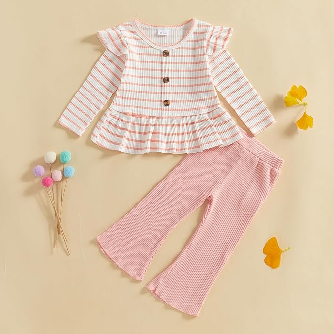 Mubineo Toddler Baby Girl Clothes Cute Ribbed Outfits Knit Long Sleeve Shirt Tops Bell Bottom Pant Fall Winter Outfit