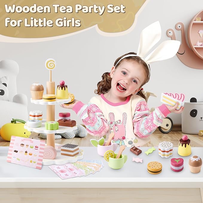 Wooden Tea Party Set for Little Girls, Ehome Princess Tea Time Toy Including Dessert Tray Cake, 31pcs Kids Dessert Toys Pretend Play for Girls Boys Age 1-6