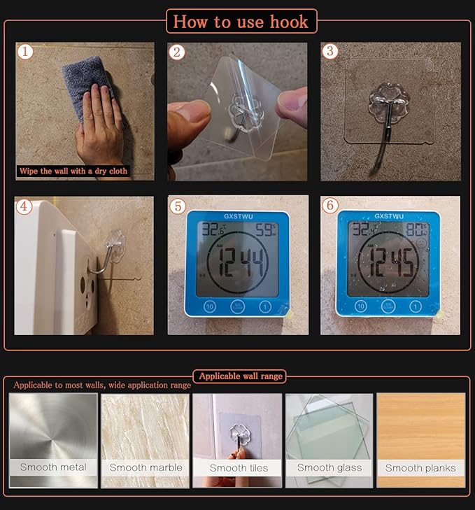 Digital Shower Clock, Bathroom Timer Clock, Waterproof for Water Spray, Count Up Count Down Alarm, Touch Screen Timer, Temperature Humidity, Wall Clock Magnet, Suction Cup, Hanging, Stand Blue