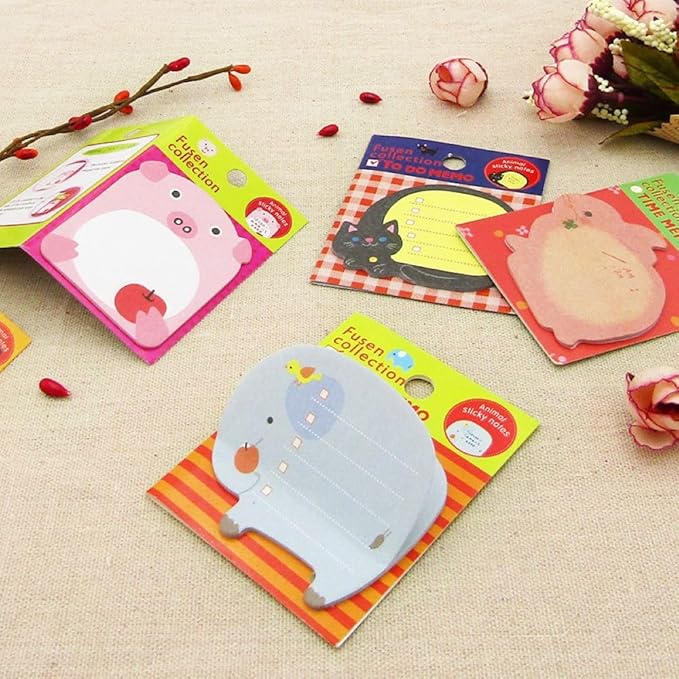 24 Pads Cute Animal Sticky Notes with 8 Cute Patterns 3 Pads of Each Kawaii Note Pads Cute Cartoon Self-Stick Memo Pads for School Office Home Students Roommates Kids Gifts
