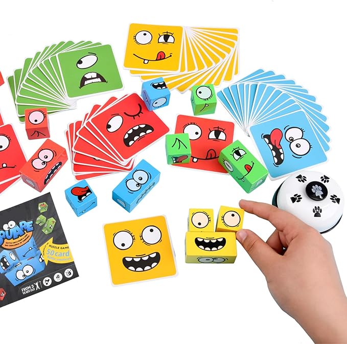 Wooden Face Changing Magic Cube Game, Expression Puzzle Building Blocks Pattern Matching Game, Educational Puzzles Toy Board Games for Kids and Adults with Bell