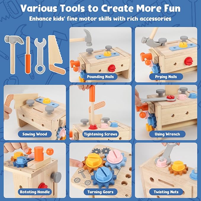 Vextronic Kids Tool Set, 38 PCS Wooden Montessori Toy Tools for Toddlers 1 2 3 4 5 6 with Tool Bench/Box, Play Toddler Tool Set, Educational STEM Construction Christmas Birthday Gift for Boys Girls