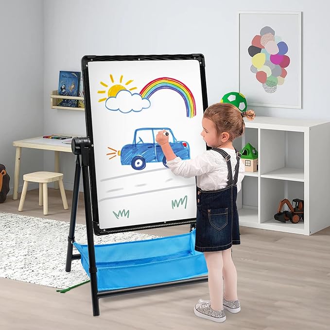 Kids Art Easel Double-Sided Easel Designed with Height Adjustable Function & Large Storage Bag Whiteboard & Chalkboard 360°Rotating Kids Drawing Easels for Kids Toddlers (26inch-43inch)