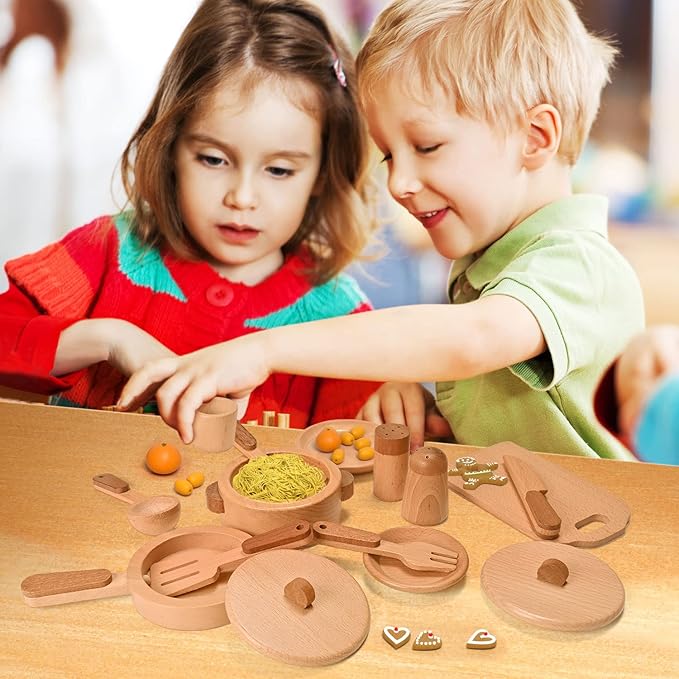 Play Kitchen Accessories Montessori Wooden Toys Kids Kitchen Toy Set Cookware Plates Dishes Pots Pans Cooking Playset 15 Pieces Sensory Toys for Toddlers Girls Boys with Storage Bag