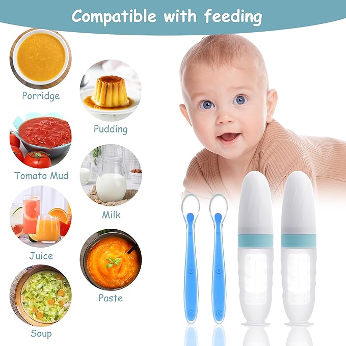 WAJIAYON Baby Food Feeder 4 Pack Silicone Baby Food Dispensing Spoon-3 oz Squeeze Feeding Spoons with Suction Cup for Boys Girl Kids Toddlers - Self Feeding Bottle Spoon-Light Blue