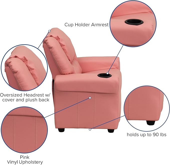 Flash Furniture Vana Vinyl Kids Recliner with Cup Holder, Headrest, and Safety Recline, Contemporary Reclining Chair for Kids, Supports up to 90 lbs., Pink