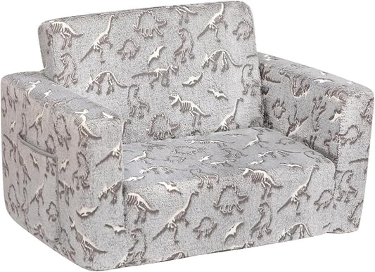ALIMORDEN 2-in-1 Flip Out Cuddly Sherpa Toddler Couch, Convertible Sofa to Lounger, Glow in The Dark,Dinosaurs