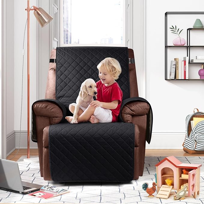 KinCam 100% Waterproof Recliner Chair Cover, Reclining Couch Covers for Pets, Dogs, Recliner Couch Slipcover Furniture Protector with Elastic Straps for Kids(23.6", Black)