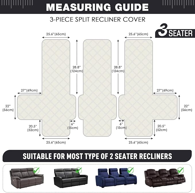 TAOCOCO 100% Waterproof Recliner Sofa Cover, Non Slip Split Couch Covers for Reclining Couches with Elastic Straps, Reclining Sofa Cover Furniture Protector for Kids Pets(3 Seater, Charcoal Gray)