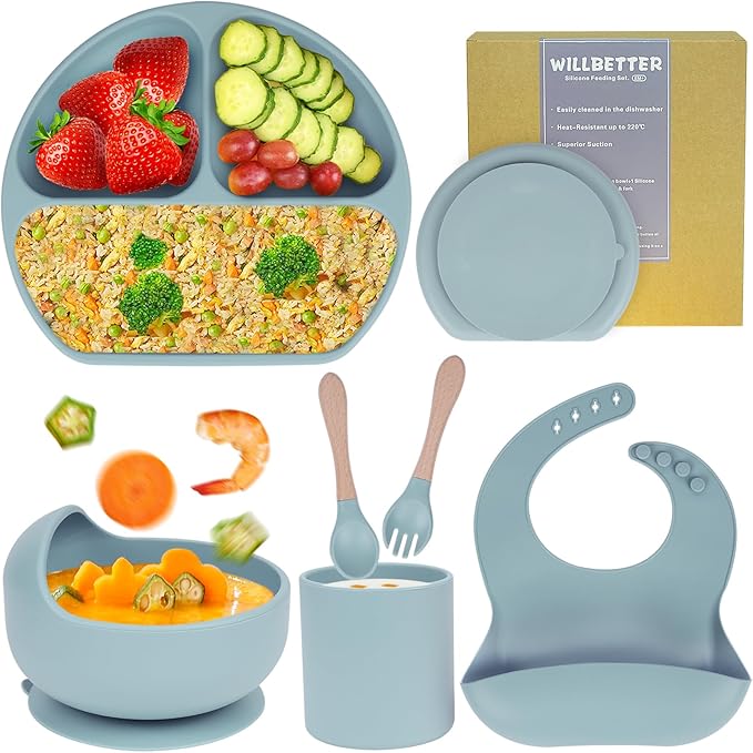 Silicone Baby Feeding Set|6 pcs Premium BPA-Free Baby Led Weaning Supplies with large Suction Baby Plates and Bowls Set,Infant Spoon,Bibs,Cup|Baby Eating Utensils for 6+ Months (Blue)