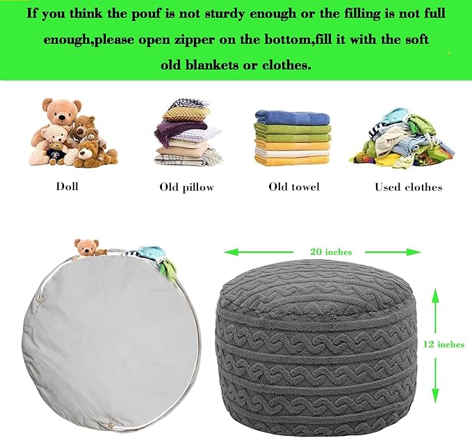 Round Stuffed Pouf Ottoman 20x20x12 Inches Plush Fiber Ottoman Foot Rest Under Desk Foot Stool Great for Living Room Bedroom Small Furniture (Gray Pouf with Filler)