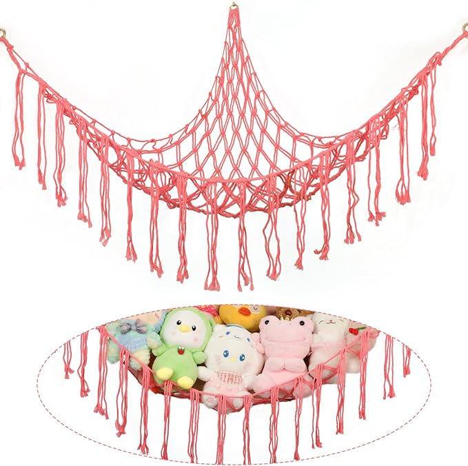 Boho Stuffed Animals Net or Hammock Large,55 inch Toy Hammock Macrame Stuff Animal Storage Corner Hanging Net Holder,Mesh Hammock Plush Toy Organizer with Hooks for Bedroom,Nursery (Pink)