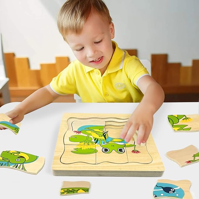 Montessori Wooden Puzzles for Kids Ages 4-8, 4 Layer Life Cycle Jigsaw Puzzle for Toddlers, Children Preschool Learning Educational Puzzles Toys for Boys and Girls (Frog)
