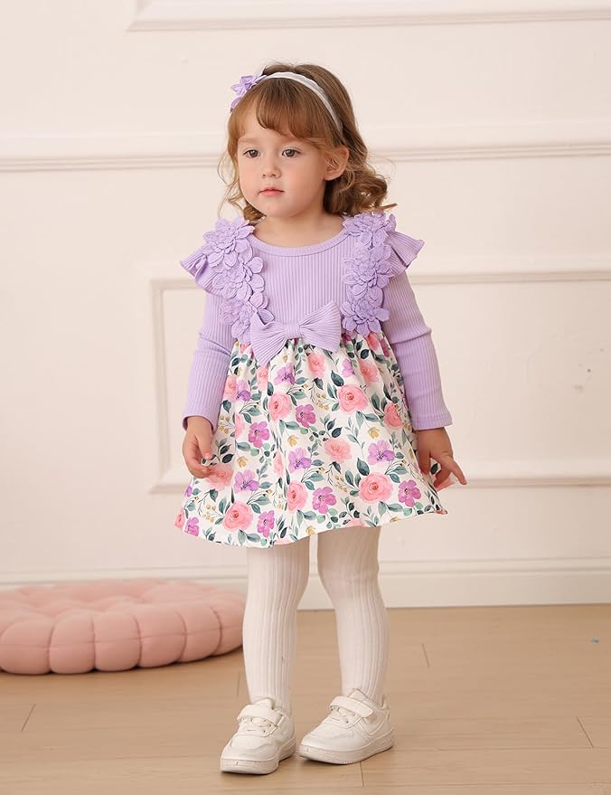 Baby Girl Dress Fall Flower Ruffle with Lace Headband Toddler Girls 3M-3T Infant Dresses Winter Baby Girl Clothes