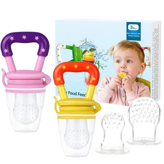 Baby Fruit Feeder by HAOBAOBEI, Frozen Teething Toys for Babies, Baby Fruit Pacifier Feeder with 3 Sizes Silicone Pouches, Baby Eating Essentials, BPA Free Baby Feeding Supplies -2 Pack (Pink Yellow)