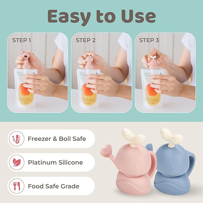 Whale SoftSip Food Pouch Topper | 2EA + Travel Case | Prevent Spills & Leakage | Protect Child Baby Toddler Mouth | Food Grade Silicone Reusable | Baby Led Weaning | BPA Free| Pink+Blue