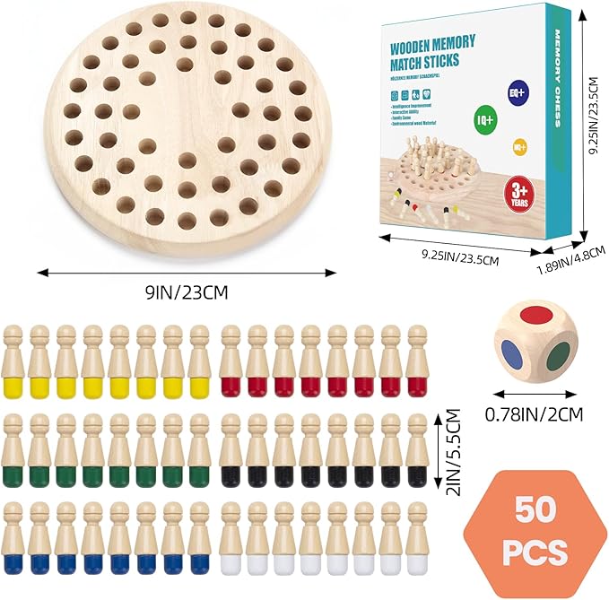 Wooden Memory Chess Matching Game: Large Family Board Games for Kids and Adults, Montessori Preschool Learning Educational Toy for Toddler 3 4 5 6 7 8+ Year Old, Birthday Gift for Boy Girl