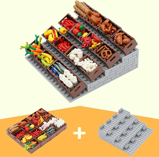 190 Pcs Supermarket Building Block Set Compatible with City-Food, Restaurant-Kitchen Kit with Hotdog-Stall-Ice-Cream-Turkey-Banana Handcart Fish Crab